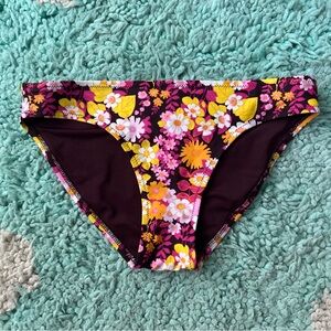 Aerie Bikini Bottom Swim Maroon Yellow Pink XS Ditsy Floral Print Classic White